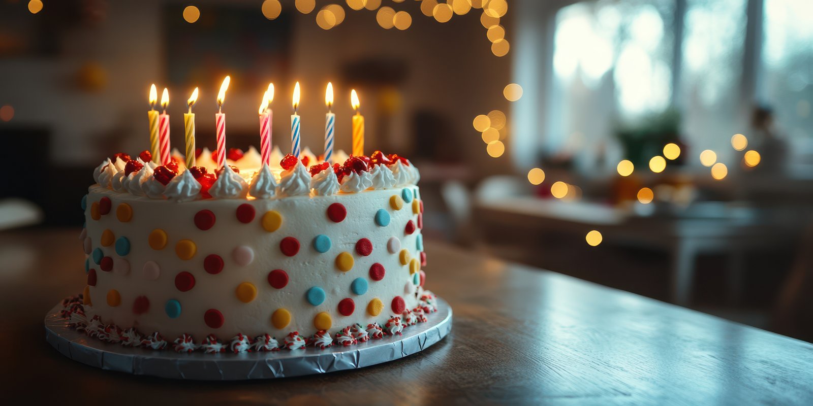 Festive birthday cake adorned with candles and colorful sprinkles in a cozy setting